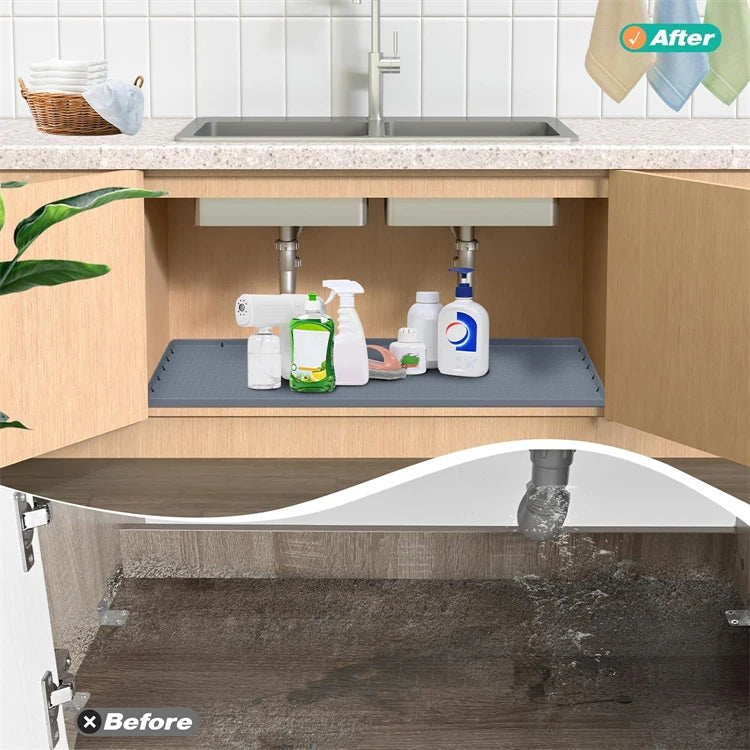 Before and after comparison of a silicone under sink drain mat for kitchen and bathroom