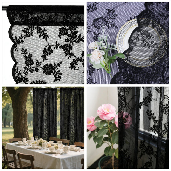 A collection of vintage floral lace sheer curtains featuring black and white patterns and pink roses.