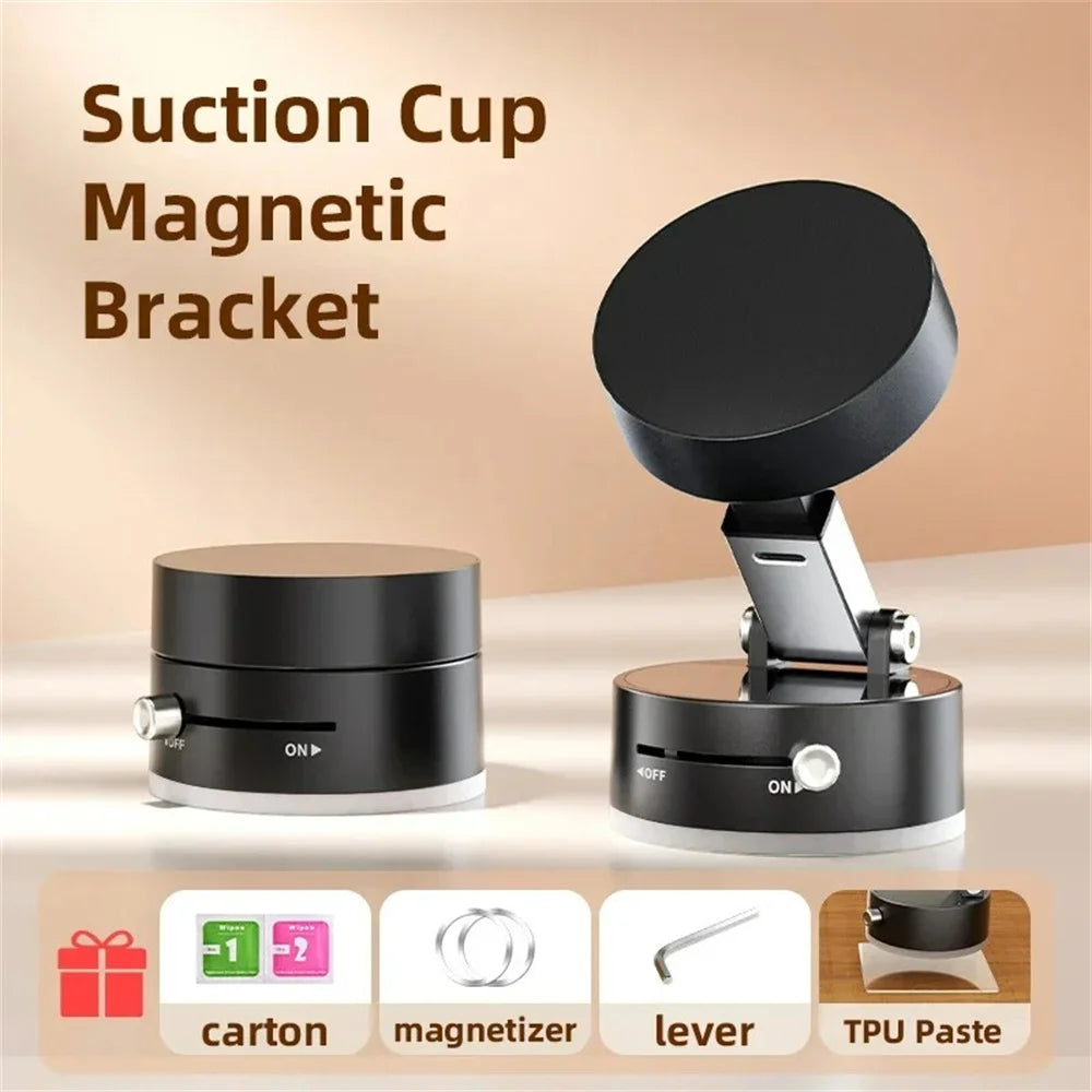 A black suction cup magnetic bracket product shown with its components including a carton, magnetizer, lever, and TPU paste.