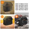 A black waterproof and UV-resistant grill cover shown in various sizes with details on dust-proof and snow-resistant features