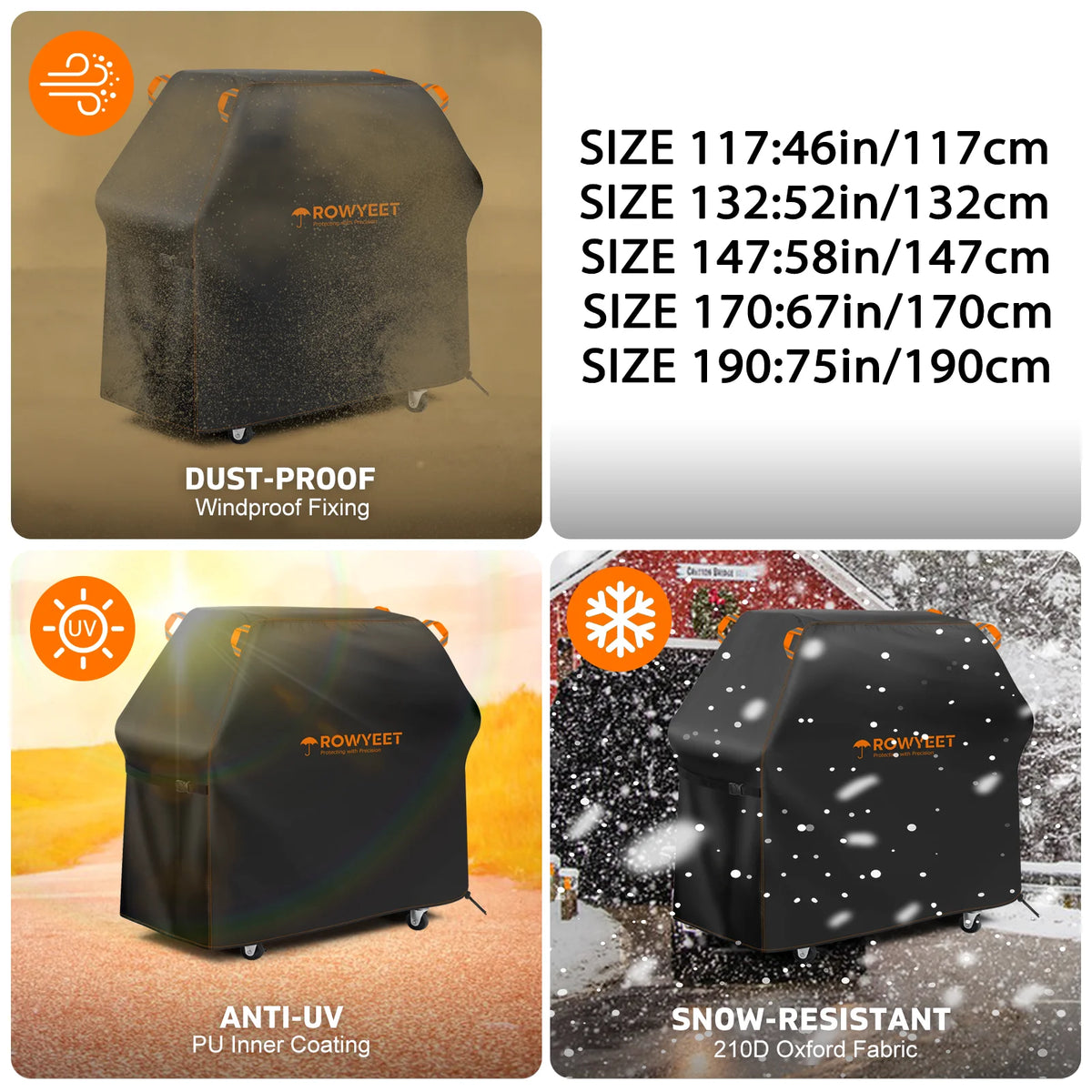 A black waterproof and UV-resistant grill cover shown in various sizes with details on dust-proof and snow-resistant features