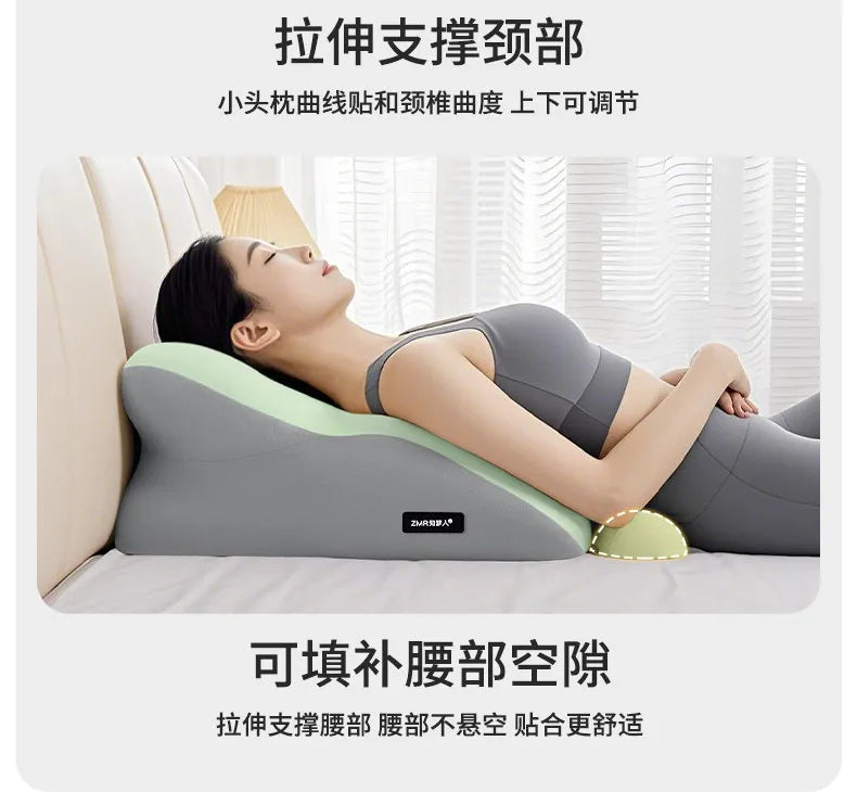 A person is lying on an ergonomic pillow designed for stomach sleepers, demonstrating its support features.