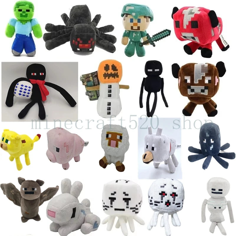 A collection of various stuffed animal plush toys including a green monster, black octopus, and several other creatures.