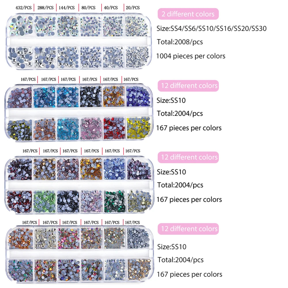 A collection of crystal hot fix rhinestones in various colors and sizes, packaged for crafting.