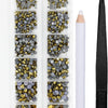 A clear plastic container holds various colored crystal hot fix rhinestones and an applicator tool for crafting.