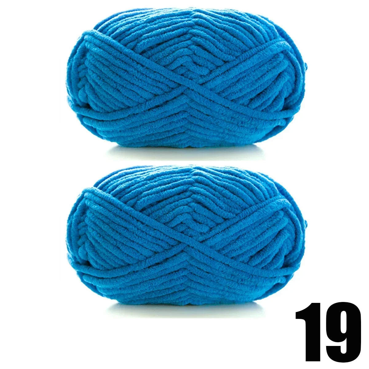 A ball of bright blue thick velvet yarn shown from the front.