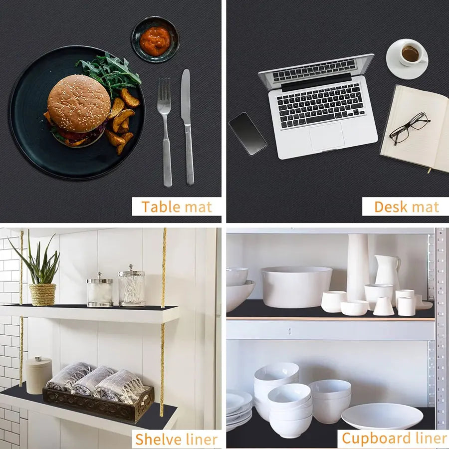 Reusable EVA drawer liners for kitchen and fridge shown as table mats, desk mats, and shelf liners.