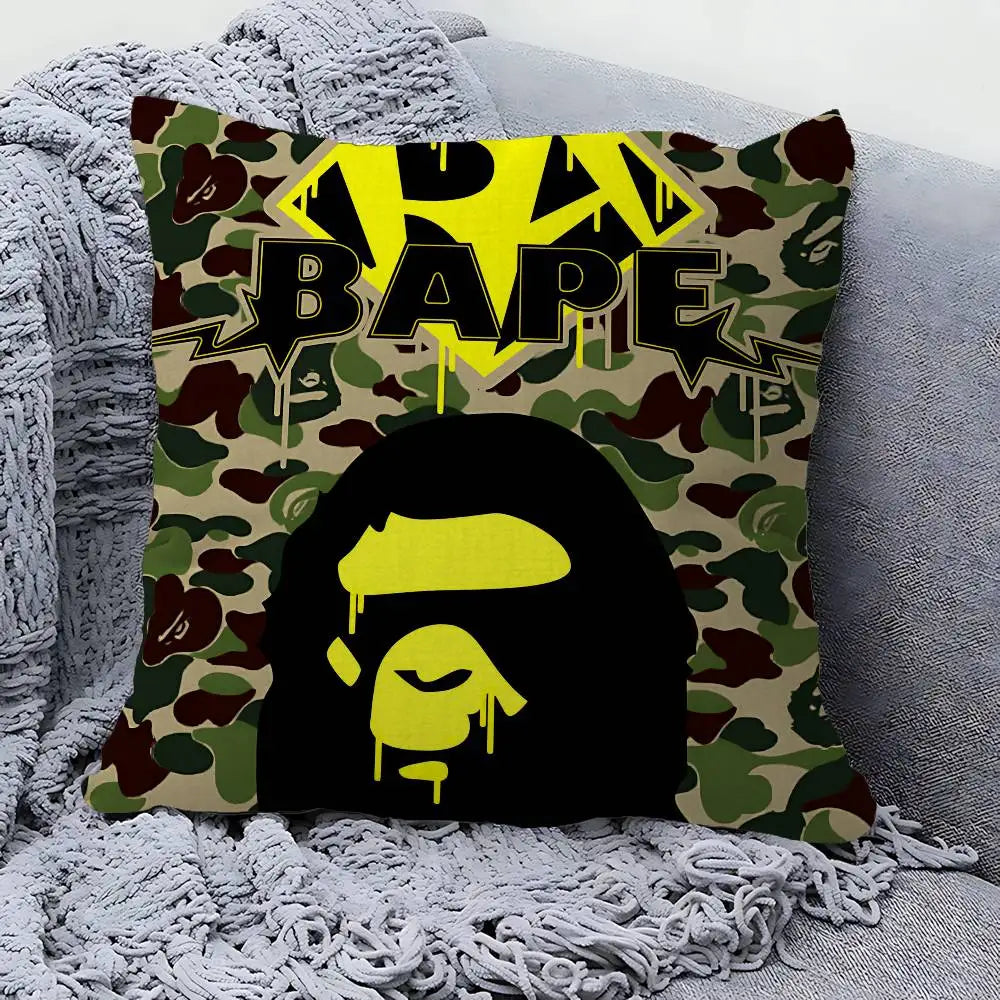 A decorative pillow cover featuring a camouflage pattern with bold yellow text and a black silhouette of a face.