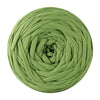 A ball of soft, olive green T-shirt yarn for crochet