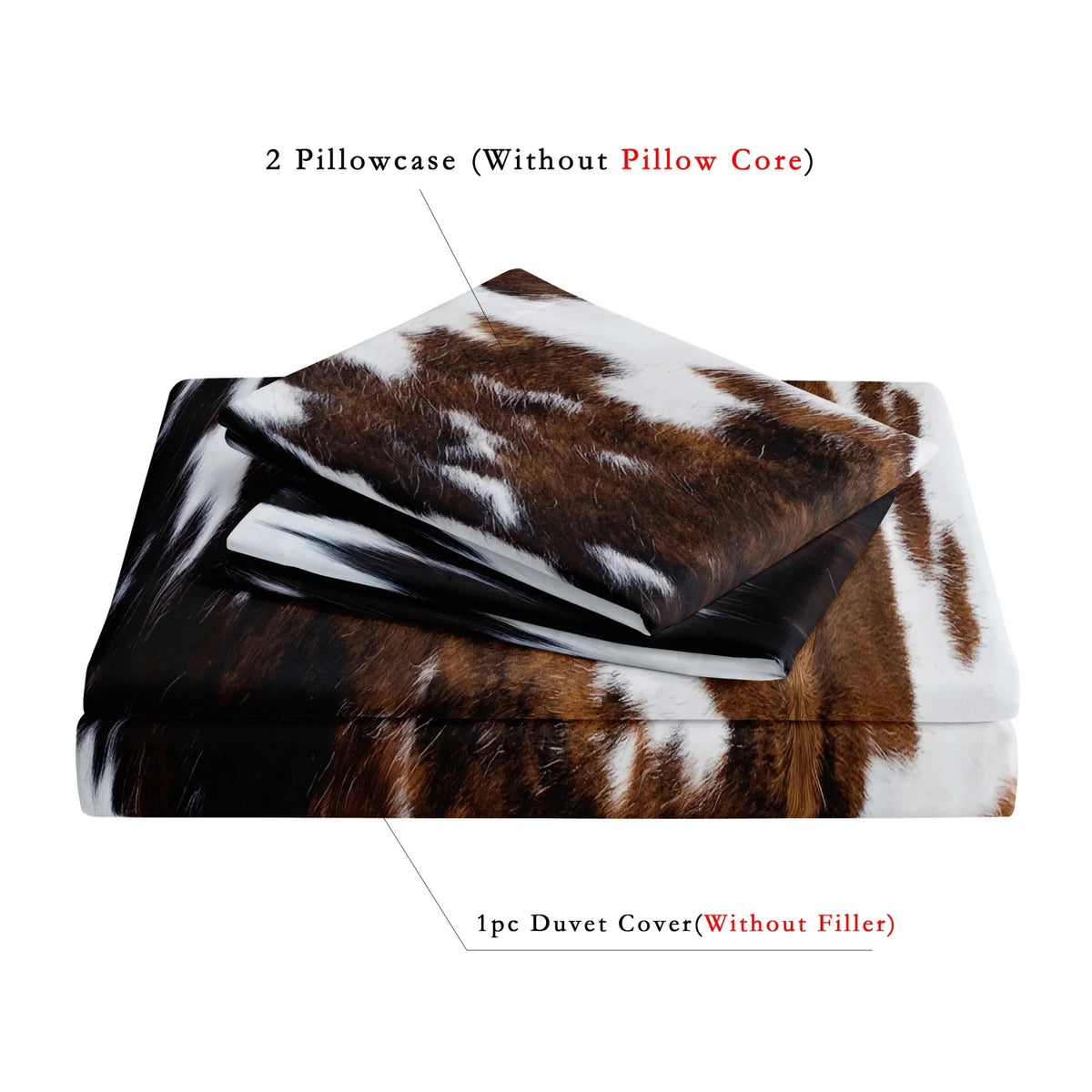 A set of two pillowcases and one duvet cover featuring a brown and black cow print design.