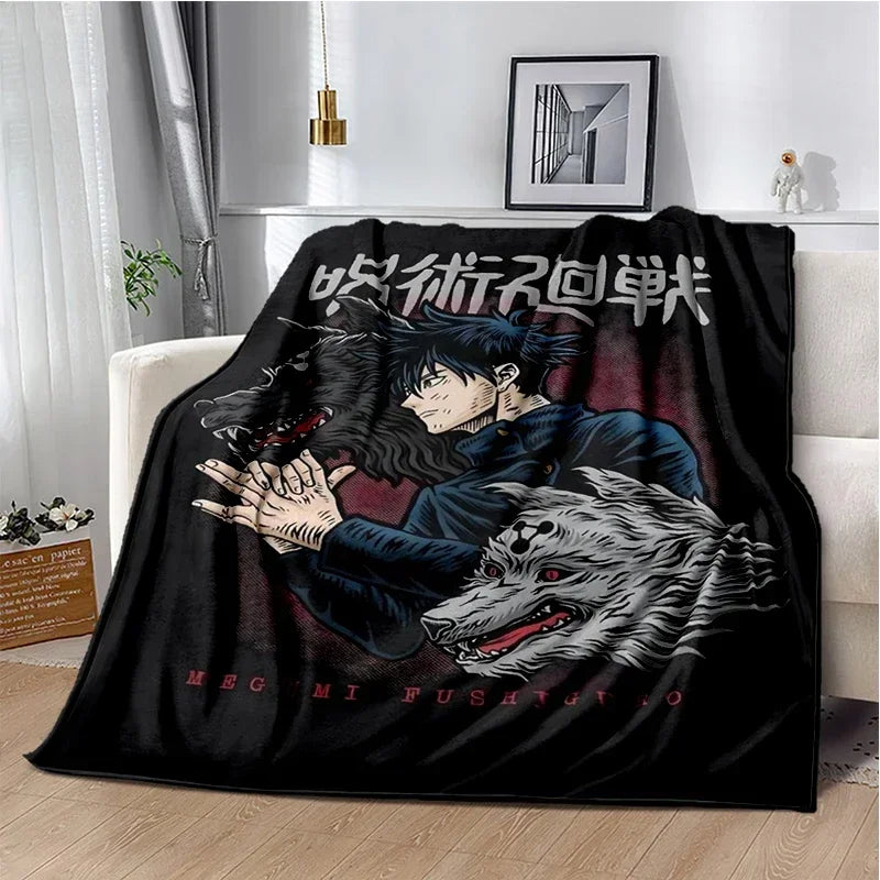 A black throw blanket featuring artwork of a dark-haired character in a blue outfit and a wolf head design.