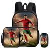Black football sport backpack featuring a large front pocket displaying a soccer player in action.