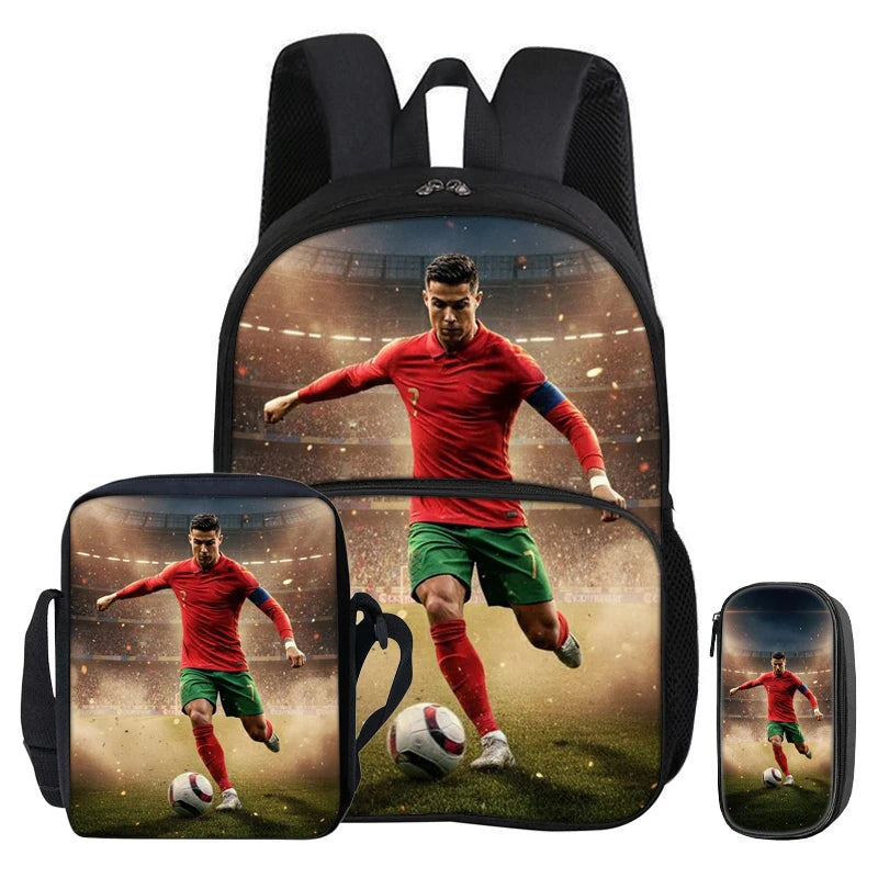 Black football sport backpack featuring a large front pocket displaying a soccer player in action.