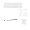 A set of invisible self-adjusting belt tighteners, including a flat strip and multiple small circular pieces.