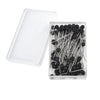 A clear plastic container holds a pack of 100 black pearl head sewing pins.
