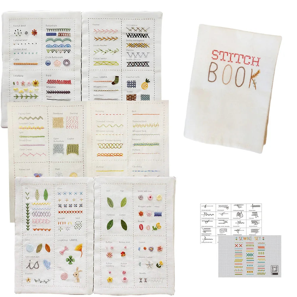 A collection of hand embroidery pattern sheets and a stitch book for adult learners