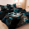A dark blue and black duvet cover set featuring a large sugar skull design on the front.