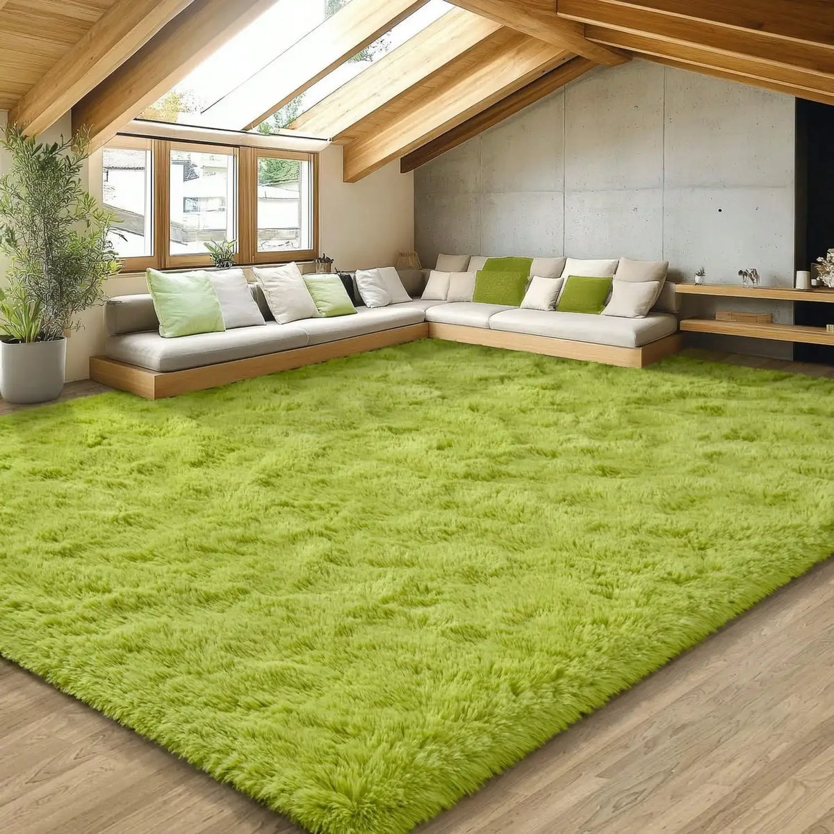 A bright lime green plush long-pile area rug in a modern, light wood and gray interior.