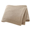 A beige knitted baby swaddle blanket folded and displayed on a white background.