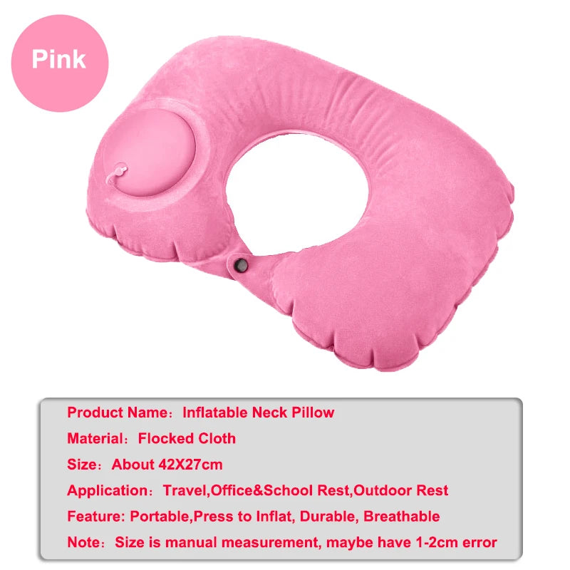 Pink inflatable U-shaped neck pillow made of flocked cloth for travel and rest