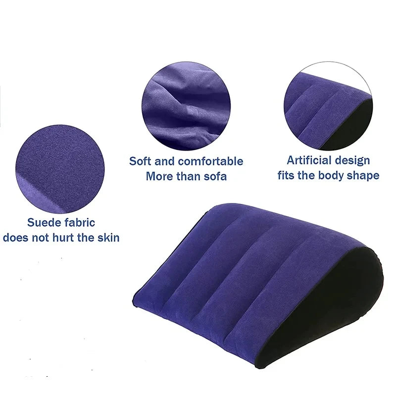 Purple inflatable body support pillow with artificial design that fits the body shape