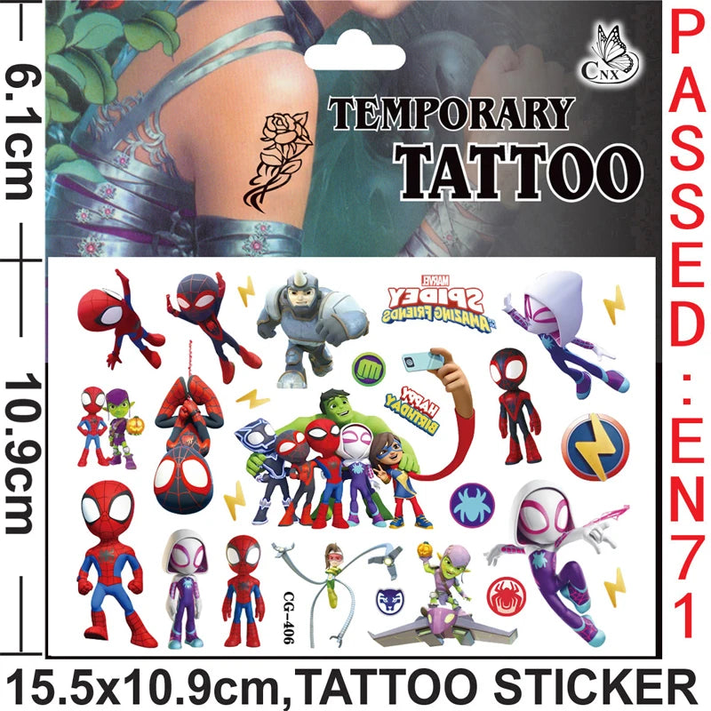 A sticker pack of Spider-Man and his friends temporary tattoos featuring various characters in red, blue, green, and purple.
