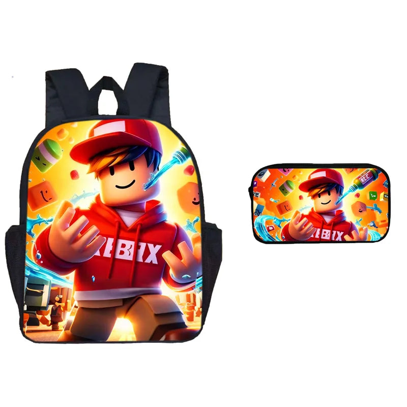 A dual-sided backpack and pen case set featuring a cartoon character in a red hoodie and cap on an orange background.