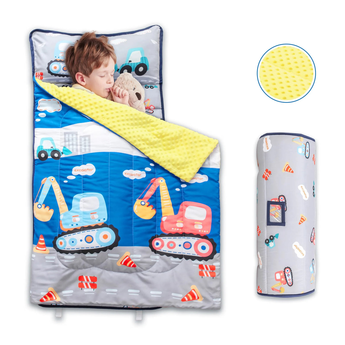 Toddler nap mat set featuring a padded pillow, blanket, and a rolled-up mat with a textured surface.