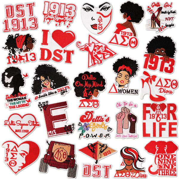 A collection of embroidered iron-on patches featuring text and symbols like 1913, DST, Delta Sigma Theta, and various stylize