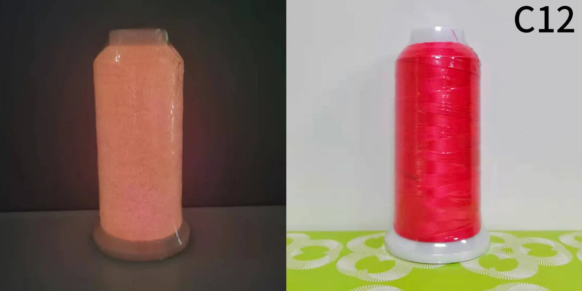 A roll of bright red glow in the dark embroidery thread labeled C12