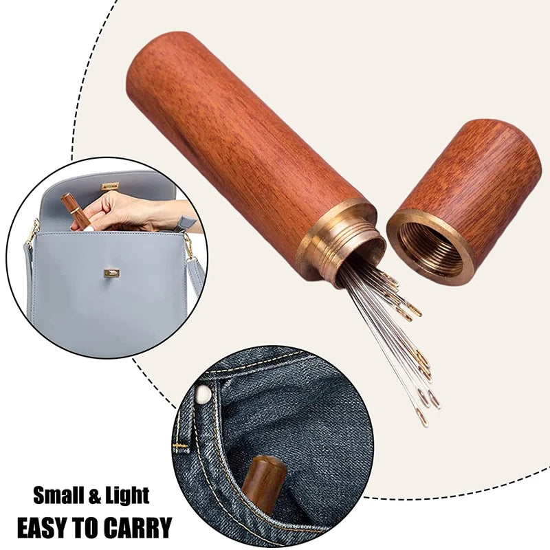 A wooden sewing needle set with stainless steel self-threading needles shown alongside a small pouch and denim fabric.