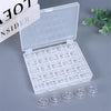 A clear plastic storage case containing a 25-piece set of sewing machine bobbins and several loose bobbins.