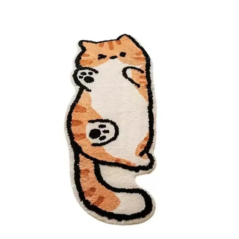 A beige and orange cartoon cat plush rug with black trim.