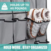 A gray over-the-door shoe organizer holding a pair of white and brown athletic shoes.