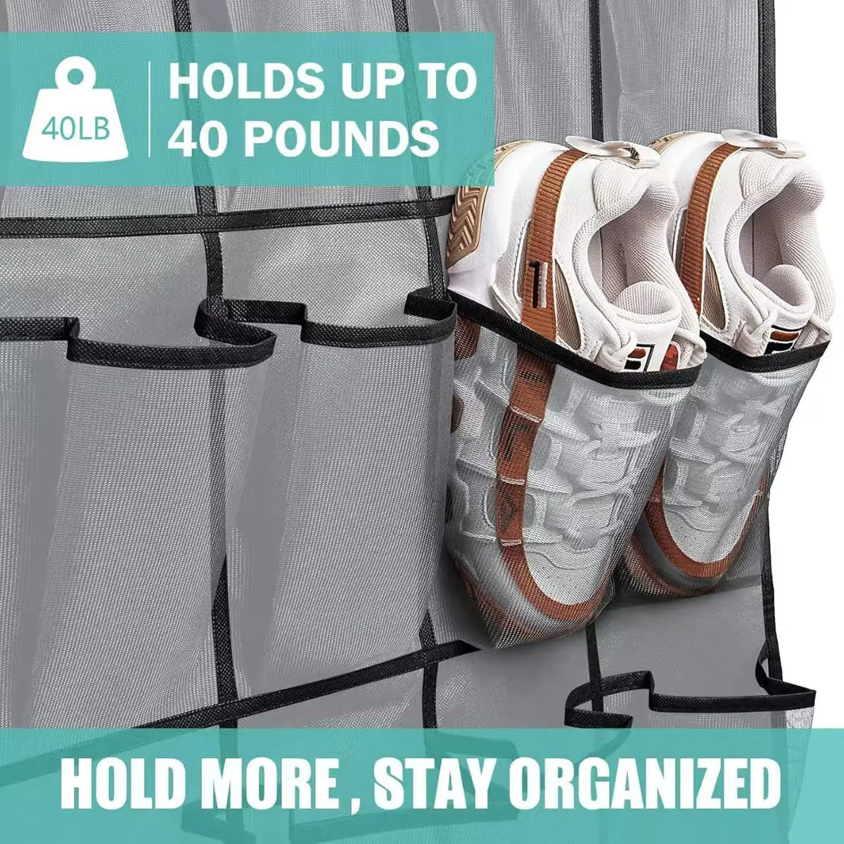 A gray over-the-door shoe organizer holding a pair of white and brown athletic shoes.