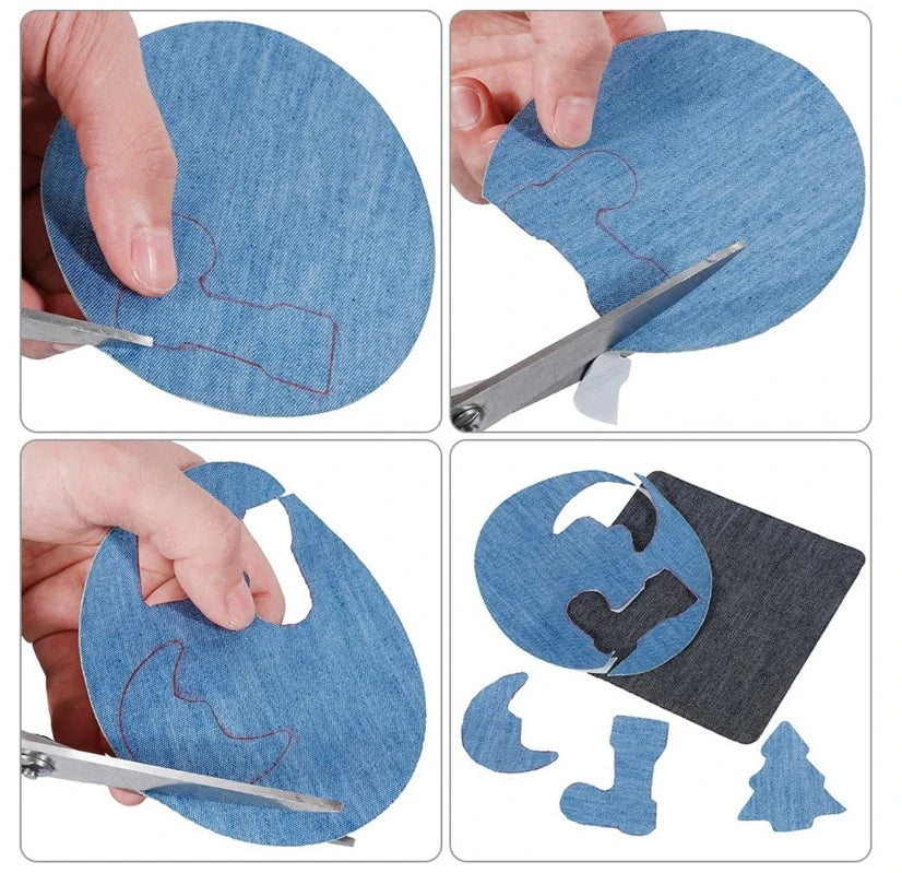 A set of iron-on fabric repair patches showing various shapes and sizes cut from blue denim fabric.