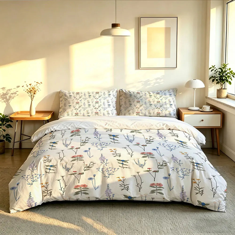 A bed with a hand-painted floral duvet cover set displayed in a bright room.