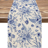 Blue and white porcelain floral linen table runner with delicate botanical patterns