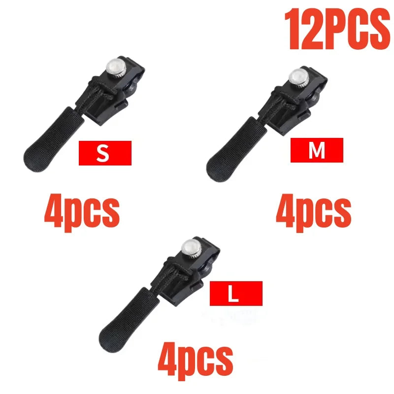 A set of universal detachable zipper repair kits in sizes S, M, and L, shown as individual components.