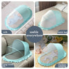 Light blue foldable mosquito net used as a crib cover, adult bed cover, and outdoor camping protection.