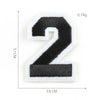 A black and white embroidered number 2 patch measuring 5.1 cm by 3.8 cm.