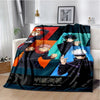 A dark teal and black throw blanket featuring an anime character from Jujutsu Kaisen in a dynamic pose.