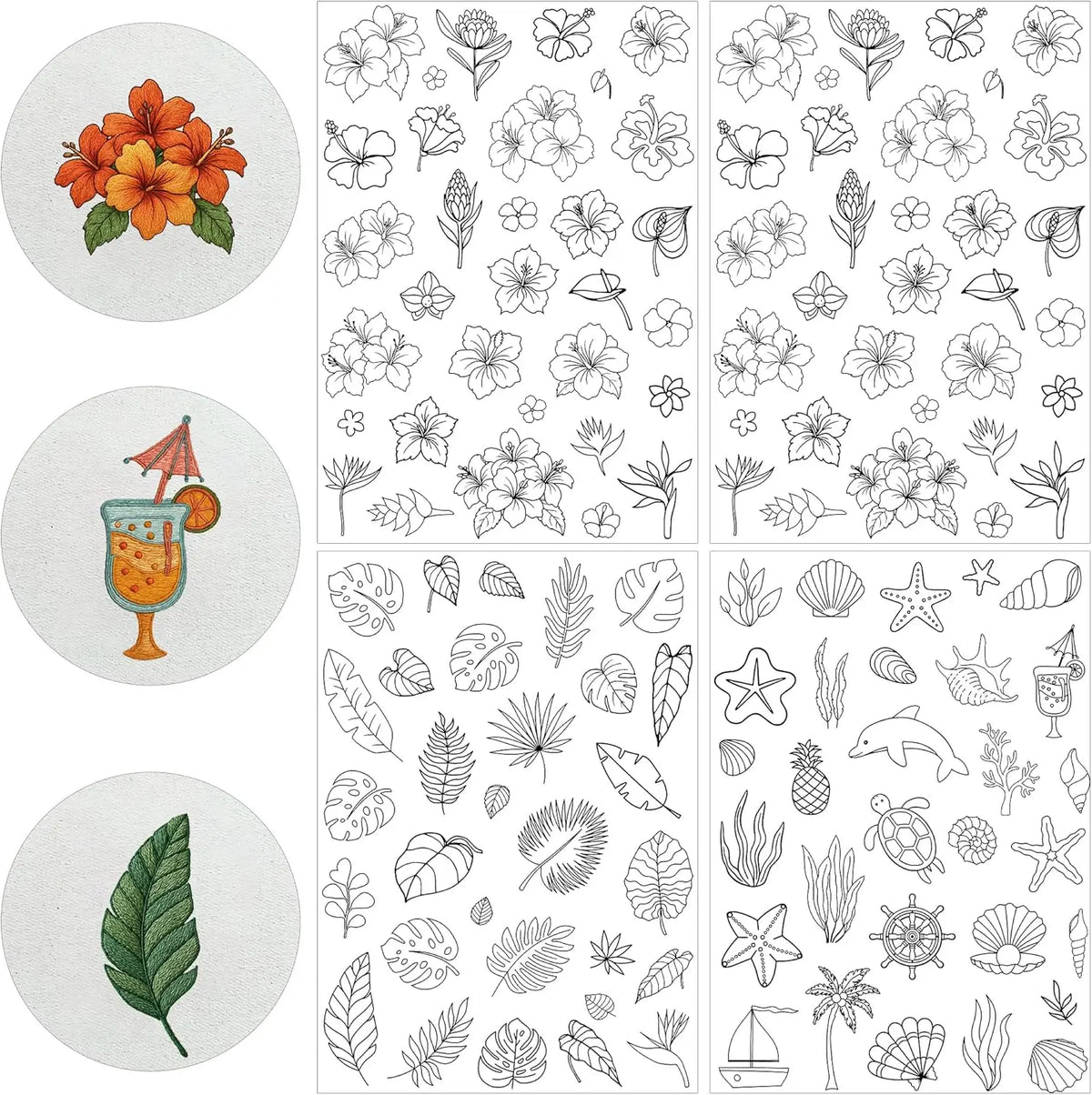 A collection of line art patterns featuring flowers, leaves, sea creatures, and tropical plants for embroidery.