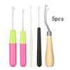 A set of five plastic latch hooks for crochet and crafting, featuring various colors like lime green, pink, and natural wood 