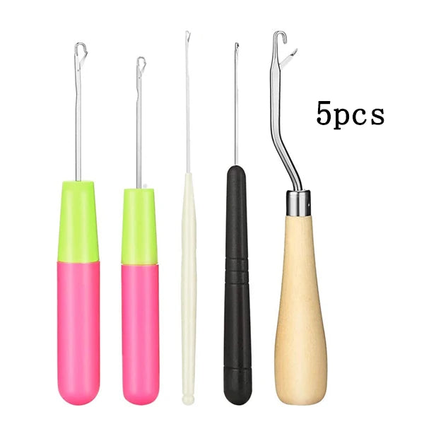 A set of five plastic latch hooks for crochet and crafting, featuring various colors like lime green, pink, and natural wood 