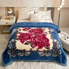 A plush mink fleece king size blanket featuring a vibrant rose and peony floral pattern in deep blue and pink tones.
