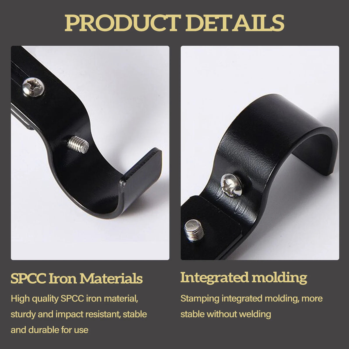 Close-up view of a black iron molding piece used for an adjustable curtain rod rack.