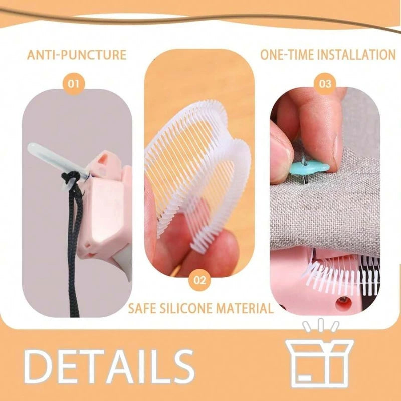 Close-up of a pink handheld micro stitching gun showing its anti-puncture design and one-time installation process.