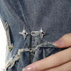 Silver adjustable waist tightening buckle for jeans shown on denim fabric