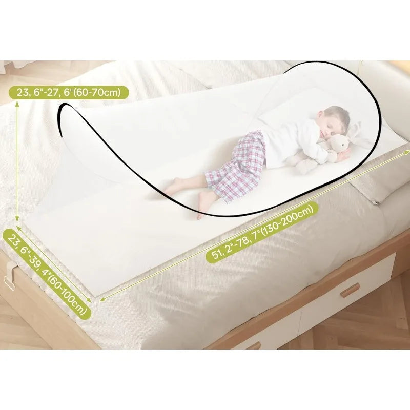 A portable mosquito net pop-up bed is shown set up on a bed with measurements indicating its size.